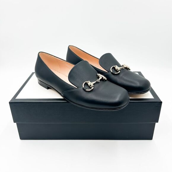 Gucci Horsebit Loafers Black Leather Flats Square Toe Size 37, 7 - Picture 1 of 13